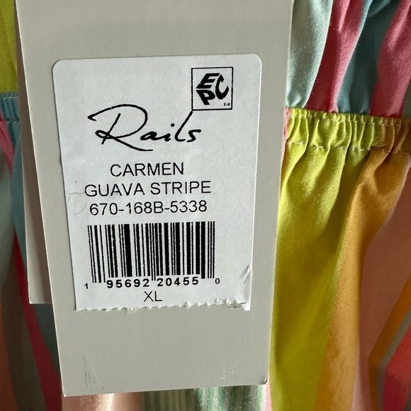 Rails Carmen Mini Dress Guava Rainbow Stripe Smocked Adjustable Fit Flare - Picture 9 of 10